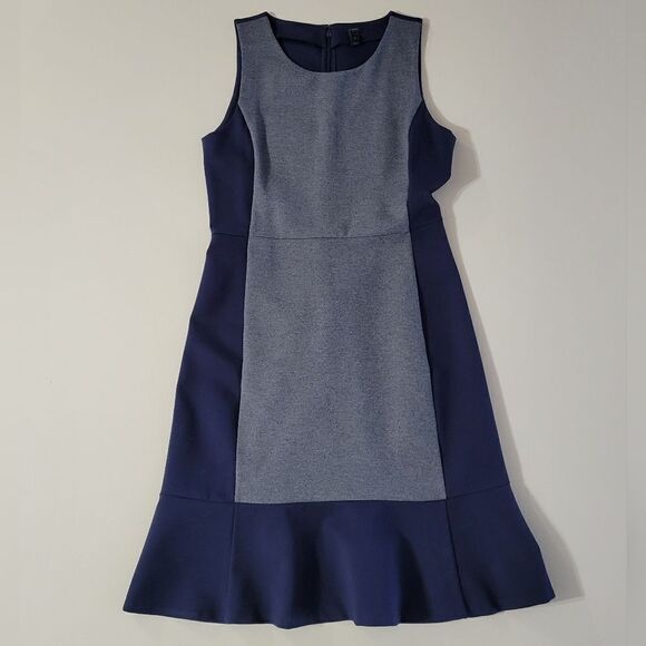 J. Crew Sleeveless Colorblock Navy & Gray Sheath Dress with Flounced Hemline - Picture 2 of 14